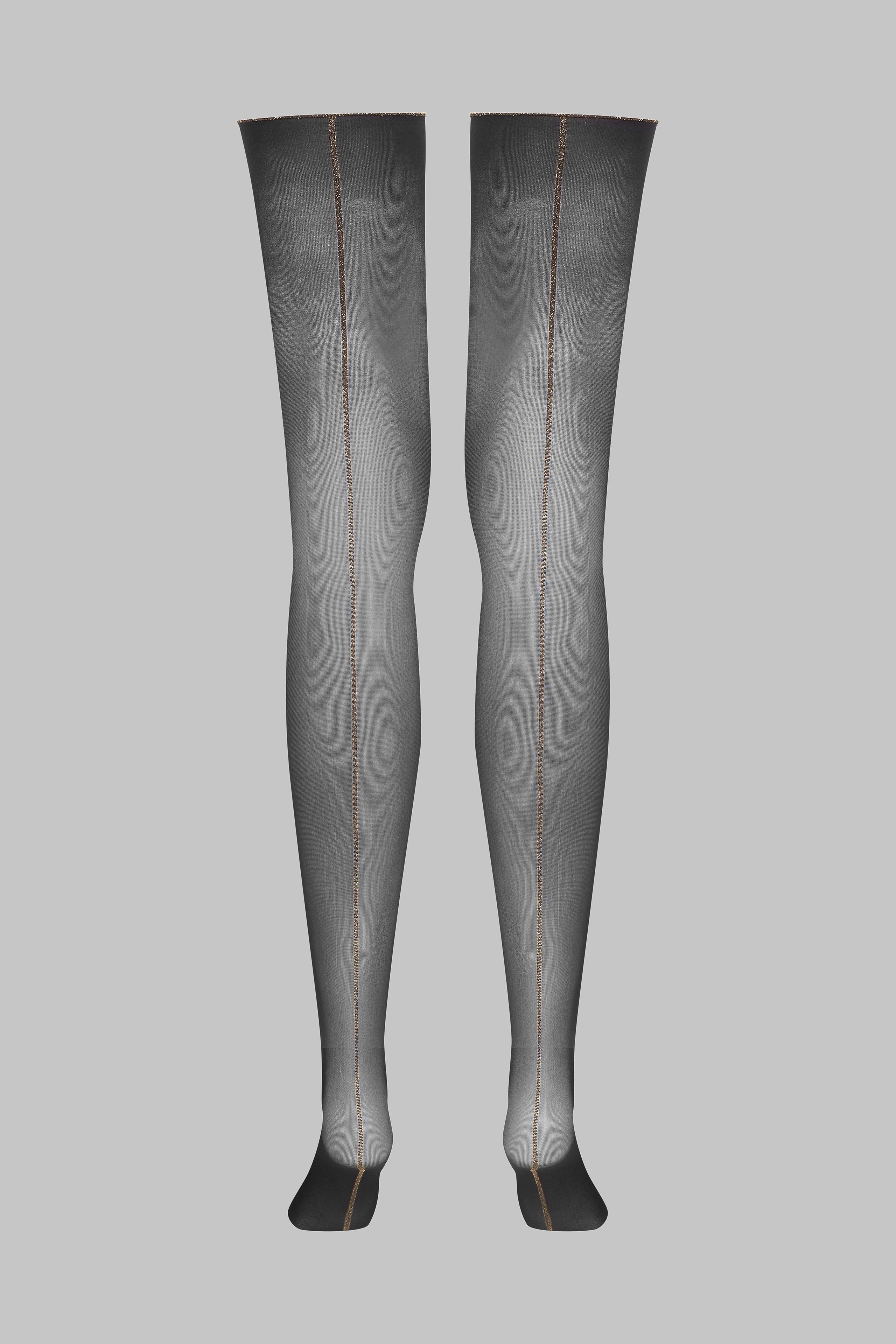 Geschnittene, gerollte Strümpfe mit Nähten aus Lurex 20D - Schwarz/Gold - Legwear