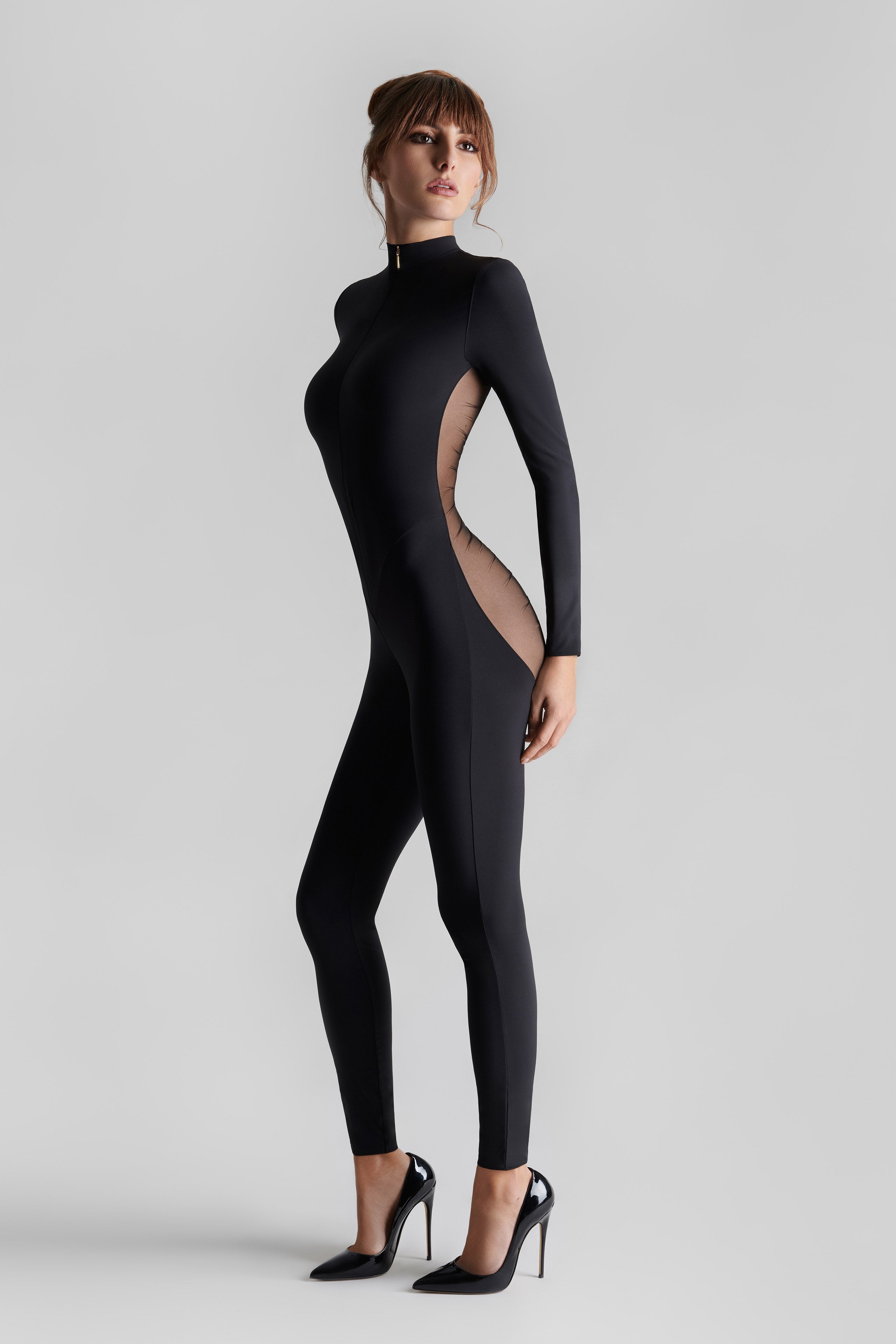 Jumpsuit Mit Transparentem Rücken Langarm - Nuit Fauve