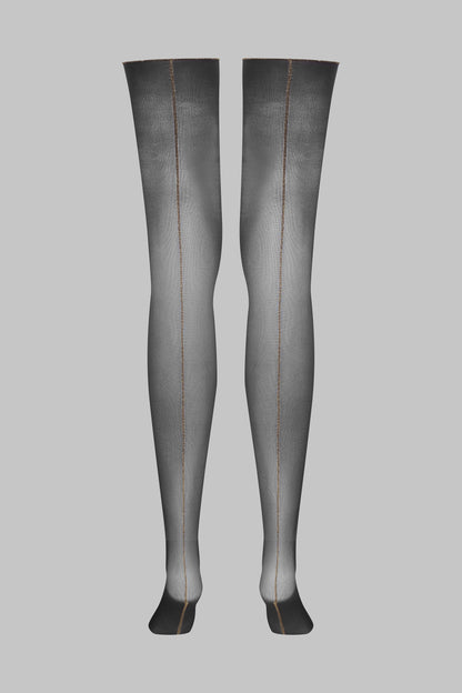 Geschnittene, gerollte Strümpfe mit Nähten aus Lurex 20D - Schwarz/Gold - Legwear